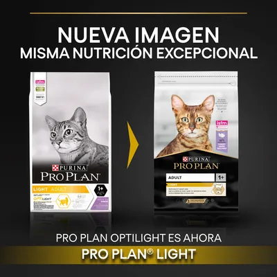 Comparación de envases de pienso para gatos Purina Pro Plan: antes 'Optilight Adult Light', ahora 'Pro Plan Light Adult 1+'. Texto: Nueva imagen, misma nutrición excepcional.