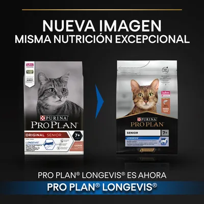 Comparativa de envases de Purina Pro Plan Longevís para gatos senior 7+, antes y después del cambio de imagen. Texto: 'Nueva imagen, misma nutrición excepcional'.