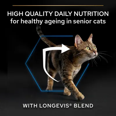 HIGH QUALITY DAILY NUTRITION for healthy ageing in senior cats. WITH LONGEVIS BLEND