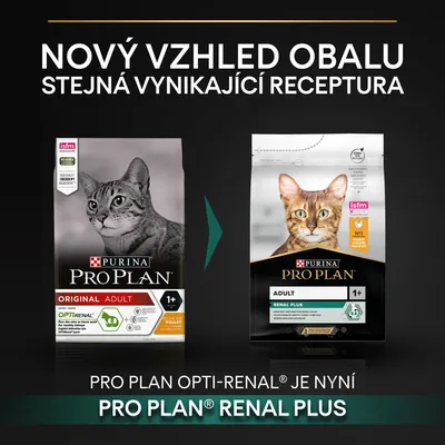 Porovnání starého a nového obalu krmiva PURINA PRO PLAN pro kočky. Text: Nový vzhled obalu, stejná vynikající receptura. PRO PLAN OPTI-RENAL je nyní PRO PLAN RENAL PLUS.