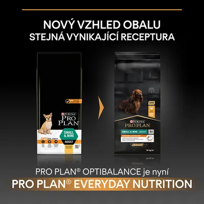 Porovnanie starého a nového balenia krmiva Purina Pro Plan Small & Mini Adult. Text: Nový vzhľad obalu, rovnaká receptúra. PRO PLAN OPTIBALANCE je teraz PRO PLAN EVERYDAY NUTRITION.