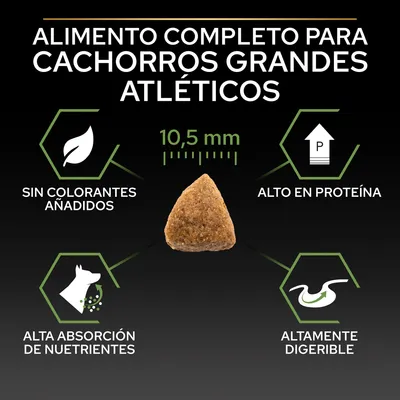 Alimento completo para cachorros grandes atléticos. Sin colorantes añadidos, alto en proteína, alta absorción de nutrientes, altamente digerible. Croqueta de 10,5 mm visible.