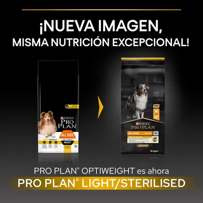 Cambio de imagen del pienso para perros Purina Pro Plan: antes Optiweight All Size Adult, ahora Light/Sterilised All Sizes Adult. Texto: '¡Nueva imagen, misma nutrición excepcional!'.