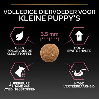 Volledige diervoeder voor kleine puppy's, brok 6,5 mm. Geen toegevoegde kleurstoffen, hoog eiwitgehalte, superieure opname van voedingsstoffen, hoge verteerbaarheid.
