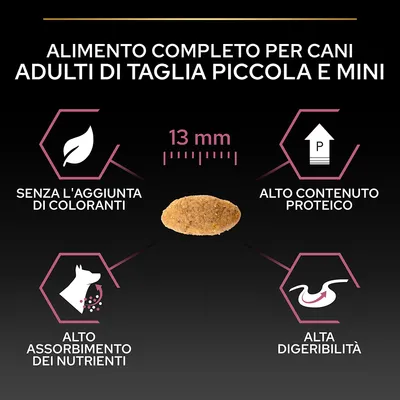 Alimento completo per cani adulti di taglia piccola e mini, crocchetta 13 mm, senza l'aggiunta di coloranti, alto contenuto proteico, alto assorbimento dei nutrienti, alta digeribilità.
