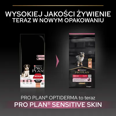 Purina Pro Plan Optiderma zmienia nazwę na Pro Plan Sensitive Skin. Wysokiej jakości żywienie teraz w nowym opakowaniu. Widoczne dwa opakowania karmy dla szczeniąt medium puppy.