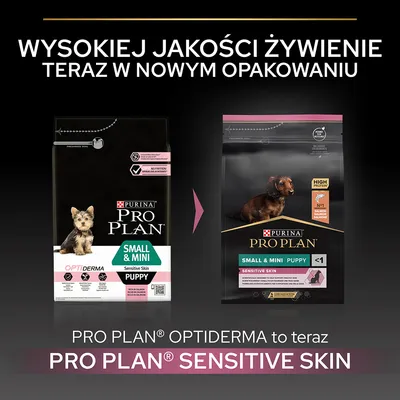 Zmiana opakowania karmy Purina Pro Plan Small & Mini Puppy z Optiderma Sensitive Skin na Sensitive Skin. Widoczne oba opakowania i informacja o wysokiej jakości żywieniu.