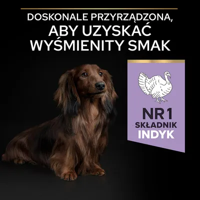 Tekst: Doskonale przyrządzona, aby uzyskać wyśmienity smak. NR1 składnik indyk. Grafika indyka na fioletowym tle.