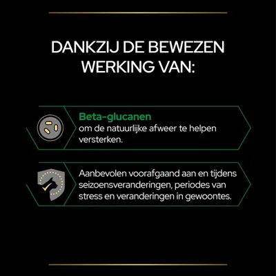 Dankzij de bewezen werking van: Beta-glucanen om de natuurlijke afweer te helpen versterken. Aanbevolen voorafgaand aan en tijdens seizoensveranderingen, stress en veranderingen in gewoontes.