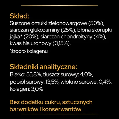 Skład: omułki zielonowargowe 50%, glukozamina 25%, błona skorupki jajka 20%, chondroityna 4%, kwas hialuronowy 0,15%. Białko 55,8%, tłuszcz 4%, popiół 13,5%, kolagen 3%. Bez dodatku cukru, barwników i konserwantów.