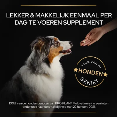 Tekst: Lekker & makkelijk eenmaal per dag te voeren supplement. 100% van de honden geniet. 100% van de honden genoten van PRO PLAN Multivitamins+ in een intern onderzoek met 22 honden, 2021.