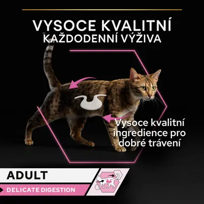 Vysoko kvalitní každodenní výživa, vysoce kvalitní ingredience pro dobré trávení, ADULT, DELICATE DIGESTION. Obrázek kočky s grafickým znázorněním trávení.