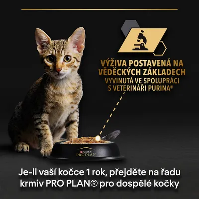 Kočka u misky s krmivem PURINA PRO PLAN. Text: Výživa postavená na vědeckých základech, vyvinutá ve spolupráci s veterináři Purina. Je-li vaší kočce 1 rok, přejděte na řadu PRO PLAN pro dospělé kočky.