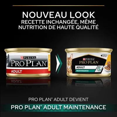 Nouveau look pour PURINA PRO PLAN ADULT, devient PRO PLAN ADULT MAINTENANCE. Recette inchangée, même nutrition de haute qualité. Deux boîtes montrées avec anciens et nouveaux designs.