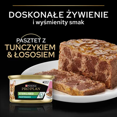 Purina Pro Plan Sterilised Maintenance, pasztet z tuńczykiem i łososiem. Doskonałe żywienie i wyśmienity smak. Opakowanie oraz plaster pasztetu na talerzu.