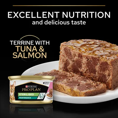 Purina Pro Plan Sterilised Maintenance terrine with tuna & salmon. Text: Excellent nutrition and delicious taste. Image shows canned cat food and sliced terrine on a plate.
