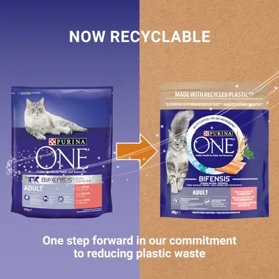 Purina One Adult packaging change to recyclable material, made with recycled plastics. Message: One step forward in our commitment to reducing plastic waste.