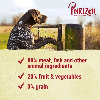 Purizon product features: 80% meat, fish and other animal ingredients, 20% fruit and vegetables, 0% grain.