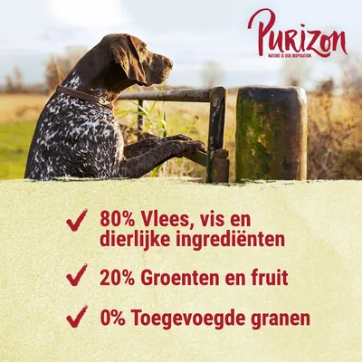 Purizon. 80% Vlees, vis en dierlijke ingrediënten. 20% Groenten en fruit. 0% Toegevoegde granen.