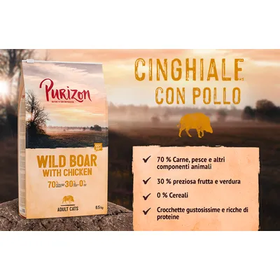 Purizon Wild Boar with Chicken per gatti adulti, 6,5 kg. Cinghiale con pollo. 70% carne, pesce e altri componenti animali, 30% frutta e verdura, 0% cereali, crocchette ricche di proteine.