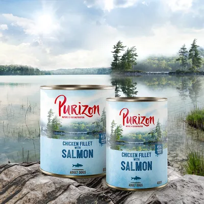 Due lattine di Purizon Chicken Fillet with Salmon per cani adulti, 800 g e 400 g, con testo visibile: 45% chicken fillet. Sfondo con lago e alberi.