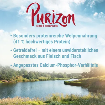 Purizon Welpennahrung: Besonders proteinreich (41 % hochwertiges Protein), getreidefrei mit Geschmack aus Fleisch und Fisch, angepasstes Calcium-Phosphor-Verhältnis.