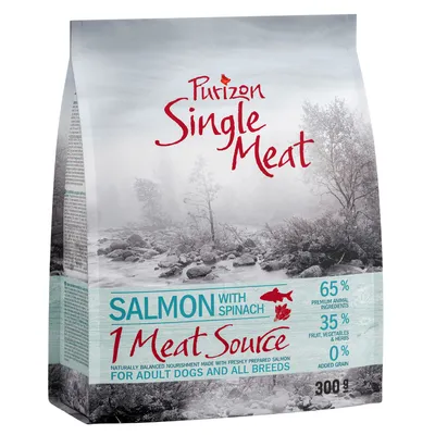 Purizon Single Meat Salmon with Spinach, 1 Meat Source, 65 % živalskih sestavin, 35 % sadja, zelenjave in zelišč, 0 % žit, za odrasle pse vseh pasem, 300 g