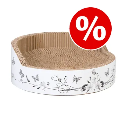 Rascador redondo de cartón con borde blanco decorado con mariposas y flores. Círculo rojo con símbolo de porcentaje, indicando oferta o descuento visible en la imagen.