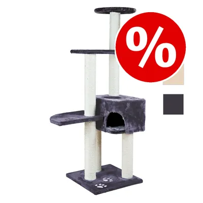 Rascador para gatos de varios niveles con postes de cuerda, cueva y plataformas. Símbolo de porcentaje en rojo indica oferta. Disponible en beige y gris oscuro.