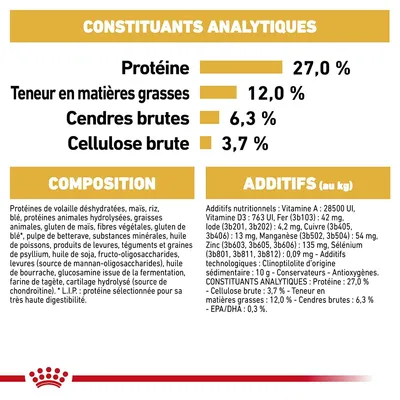 Constituants analytiques : protéines 27 %, matières grasses 12 %, cendres brutes 6,3 %, cellulose brute 3,7 %. Composition et additifs détaillés pour aliment animal visible.