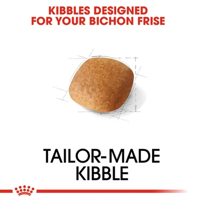 KIBBLES DESIGNED FOR YOUR BICHON FRISE. TAILOR-MADE KIBBLE (κείμενο στα αγγλικά) και εικόνα κροκέτας.