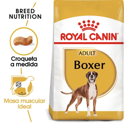 Royal Canin Adult Boxer, croqueta a medida, masa muscular ideal. Texto en inglés: Breed Nutrition. Imagen de pienso y perro Boxer en el envase.