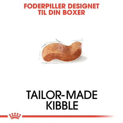 Foderpiller designet til din Boxer. TAILOR-MADE KIBBLE. Billede af en foderpille med buet form, tekst på dansk og engelsk.