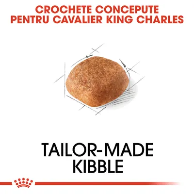 Crochete concepute pentru Cavalier King Charles, imagine cu o croșetă și text: TAILOR-MADE KIBBLE.