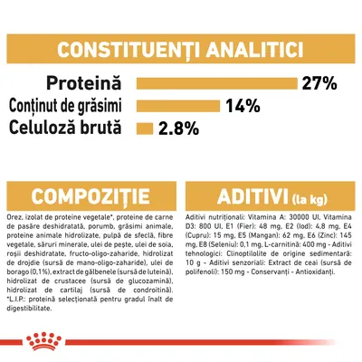 Constituenți analitici: proteină 27 %, grăsimi 14 %, celuloză brută 2,8 %. Compoziție: orez, proteine de pasăre, porumb, grăsimi animale, uleiuri, fibre. Aditivi: vitamine, minerale, antioxidanți.