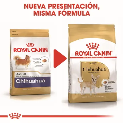 Cambio de envase de Royal Canin Adult Chihuahua: a la izquierda el diseño antiguo, a la derecha el nuevo. Texto superior: 'Nueva presentación, misma fórmula'.