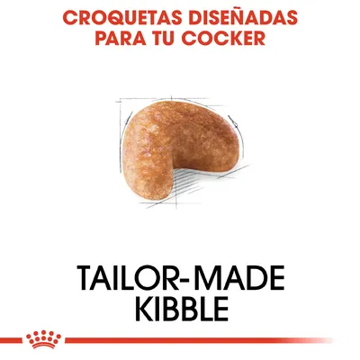 Croquetas diseñadas para tu Cocker. Texto en inglés: Tailor-made kibble. Imagen de una croqueta con forma especial.