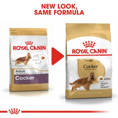 Image showing Royal Canin Cocker Adult food packaging changing to a new design with the text 'New look, same formula'. Both old and new packs are displayed side by side.