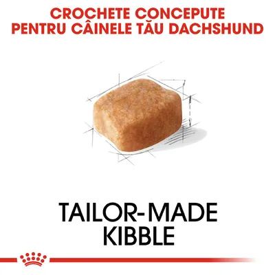 Text: Crochete concepute pentru câinele tău Dachshund. Tailor-made kibble. Imagine cu o croșetă de hrană uscată pentru câini.