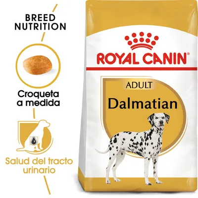 Saco de pienso Royal Canin Adult Dalmatian. Texto visible: 'Croqueta a medida', 'Salud del tracto urinario', 'Breed Nutrition'. Imagen de croqueta y silueta de perro.