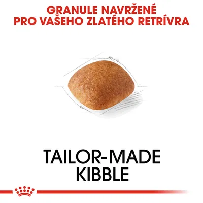 Granule navržené pro vašeho zlatého retrívra, obrázek jedné granule, text: TAILOR-MADE KIBBLE