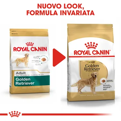 ROYAL CANIN Adult Golden Retriever, confronto tra vecchio e nuovo packaging. Testo in alto: NUOVO LOOK, FORMULA INVARIATA.