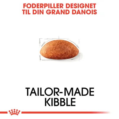 Foderpiller designet til din Grand Danois. TAILOR-MADE KIBBLE. Billede af en enkelt foderpille med skitserede linjer omkring.