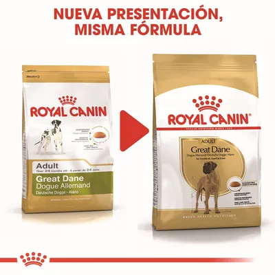 Cambio de envase de Royal Canin Adult Great Dane. Texto: 'Nueva presentación, misma fórmula'. Se muestran los dos diseños de paquete con el nombre y la imagen del producto visibles.