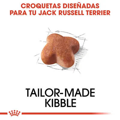Croquetas diseñadas para tu Jack Russell Terrier. Texto en inglés: Tailor-made kibble. Imagen de una croqueta marrón con forma especial.