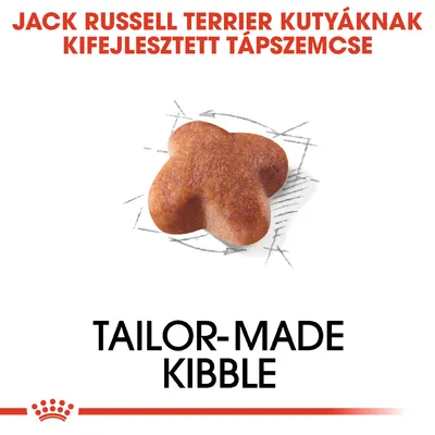 JACK RUSSELL TERRIER KUTYÁKNAK KIFEJLESZTETT TÁPSZEMCSE, TAILOR-MADE KIBBLE felirat, egy táp szemcse képe