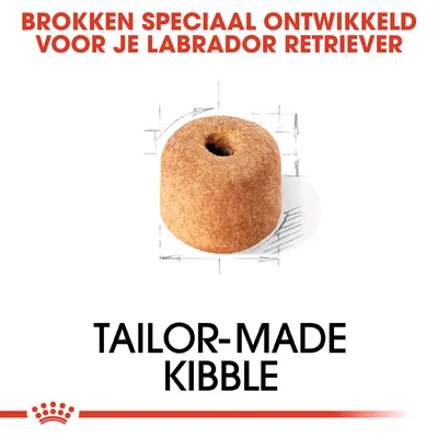 Brokken speciaal ontwikkeld voor je Labrador Retriever. Tailor-made kibble. Afbeelding van een ronde brok met gat in het midden.