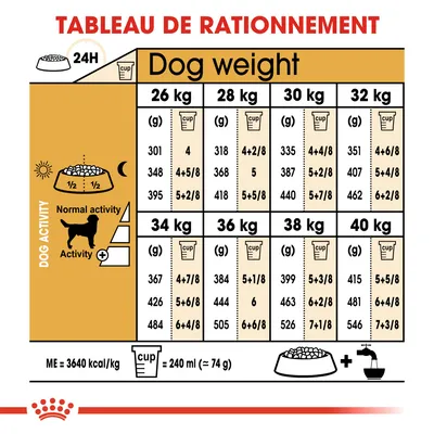 Tableau de rationnement pour chiens de 26 à 40 kg, indiquant les quantités journalières en grammes et tasses selon le poids et l’activité. 1 tasse = 240 ml (≈74 g). ME = 3640 kcal/kg.
