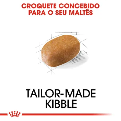 Texto: Croquete concebido para o seu Maltês. Tailor-made kibble. Imagem de um croquete de ração individual desenhado ao centro.