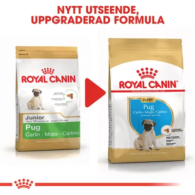 Royal Canin Pug Junior och Royal Canin Puppy Pug hundfoderpåsar, text: Nytt utseende, uppgraderad formula. Förändring av förpackningsdesign och produktnamn visas.